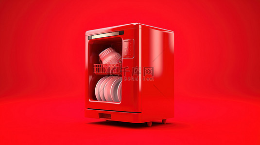 红色背景上冰箱和洗碗机的单色红色 3D 图标