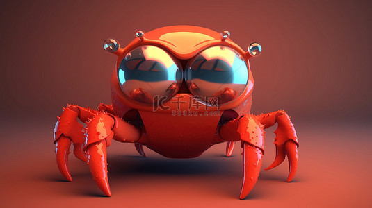 俏皮的 3D 卡通螃蟹戴着面具