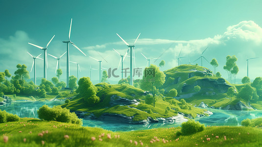 节能背景背景图片_郁郁葱葱的生态友好环境中风力涡轮机的 3D 渲染