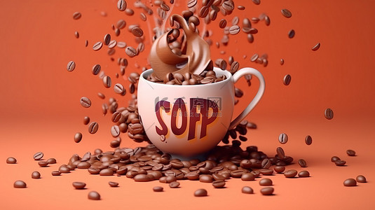 咖啡豆排版 3D 渲染字母与含咖啡因的报价