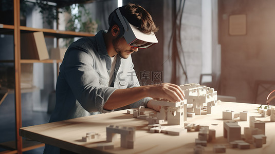 专注的工程师坐在桌子旁利用虚拟现实设备创建 3D 建筑项目