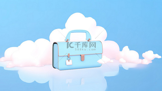 极简主义卡通风格插图，一个打开的公文包漂浮在天蓝色背景上，云象征着空旷的空气空间，用于商业投资和金融