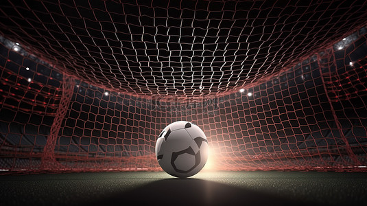 成功概念 3D 足球在体育场聚光灯下呈现在球门中