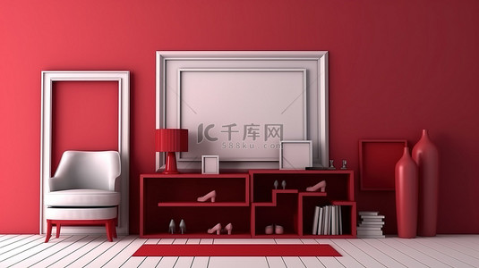带矩形相框和配件的单色红色室内房间的 3D 渲染