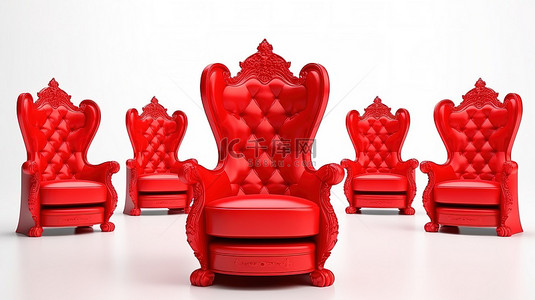 现代红色扶手椅周围环绕着皇家红色王座的 3D 渲染，象征着白色背景的领导力