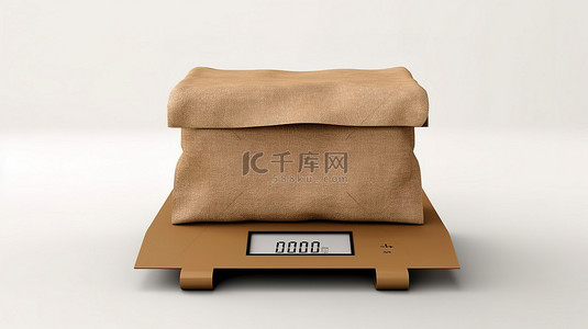 数字货物秤在白色背景 3D 渲染下显示棕色纸袋的重量