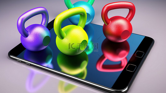 有氧运动背景图片_充满活力的 3D 渲染智能手机，周围环绕着健身器材，包括壶铃哑铃运动橡胶垫和体操滚筒