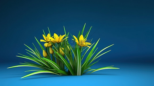 蓝色背景上郁郁葱葱的绿草上孤立的黄色花朵的 3D 渲染
