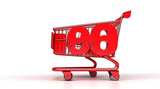 店铺优惠券背景图片_大型深红色 3D 销售标志，带有白色背景上呈现的购物车