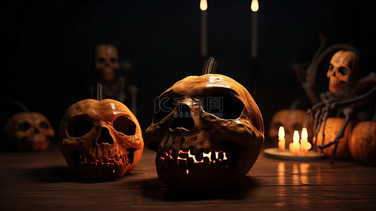 幽灵般的万圣节夜景 3D 渲染，以南瓜头骨和鬼魂为特色