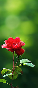 一朵红玫瑰生长在绿色上的图像