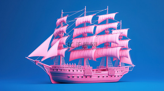 复古粉色木船双色调卡拉维尔海盗或蓝色背景 3D 渲染的军舰