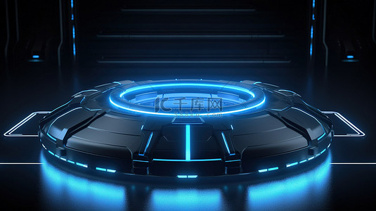 黑暗科幻场景中的未来圆形讲台 3D 渲染插图