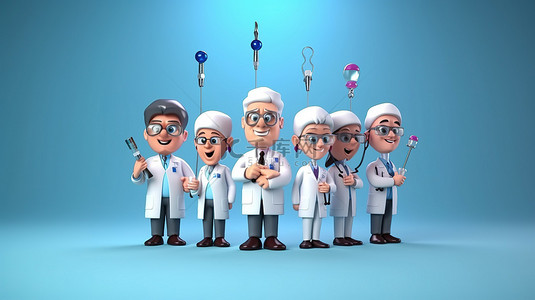 卡通风格的医学专家，一群医生拿着由主任医师领导的注射器