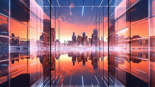 未来派城市景观当代 3D 摩天大楼，配有辐射玻璃窗和墙壁反射