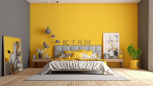 黄色主题卧室装饰有 3D 渲染装饰品