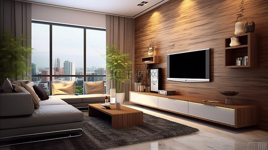 舒适客厅内部木制电视控制台的 3D 渲染插图