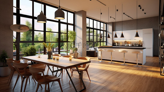开放式概念公寓设计的 3D 渲染，设有厨房和用餐区