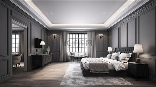 酒店套房具有经典魅力 3D 渲染卧室图像，配有电视和书桌