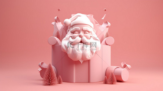 卡通红色可爱背景图片_礼物盒中的圣诞老人雕像在 3D 渲染中以柔和的粉红色背景为特色