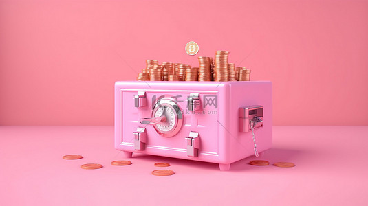 储蓄通货膨胀和金融安全概念背景下带有浮动硬币和纸币的粉色保险箱的 3D 渲染