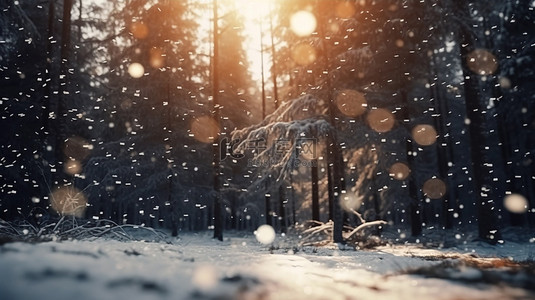 水墨林溪背景图片_松林 3d 渲染与落雪模糊