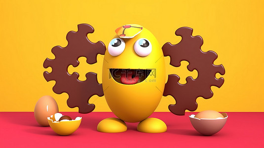 卡通卡背景图片_黄色背景的三维渲染，其特征是由棕色鸡蛋制成的角色吉祥物，周围环绕着四个充满活力的拼图块