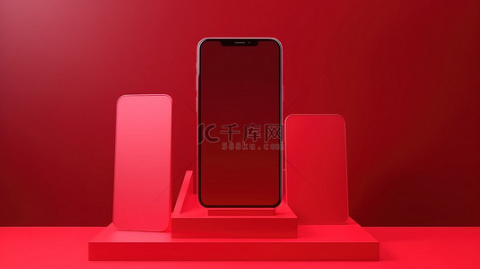 智能手机在展示台上的红色背景 3D 渲染与讲台展示展示移动设备模型的风格