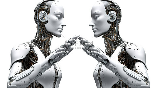 白色背景展示了女性机器人或机器人张开双手准备在 3D 渲染中做出选择