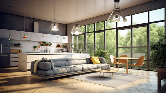现代工作室厨房设计，配有落地窗和 3D 渲染的舒适沙发