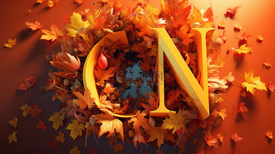 九月你好秋季背景图片_一堆干树叶形成“秋天”这个词 3D 插图