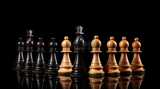 团队合作采用黑色背景下 3D 渲染的皇冠木制国际象棋系列