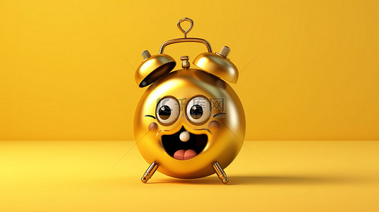 复古金色校钟搭配友好的闹钟吉祥物，在 3D 渲染的大胆黄色背景上