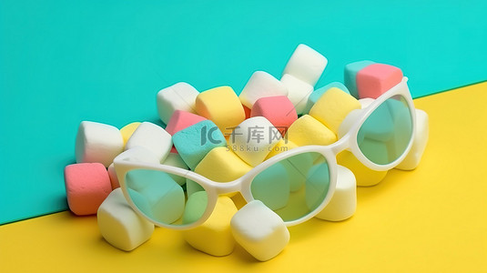 黄色简约表面上带有棉花糖的波普艺术浮雕 3D 纸眼镜的顶视图