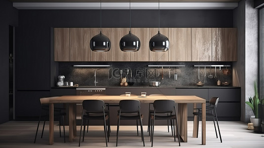 富有想象力的设计 3D 渲染复杂的室内场景和角落的厨房用餐模型