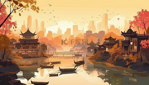 古代长箭背景图片_船湖水古风风景