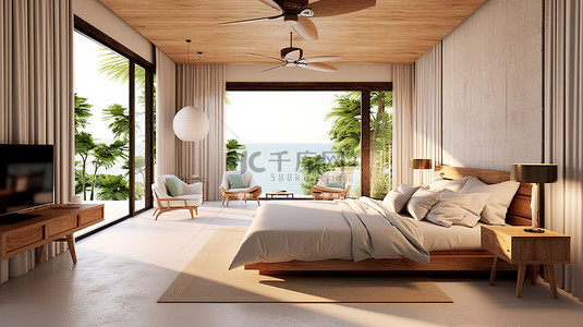 相遇背景图片_木质装饰和白色瓷砖在这个度假村卧室的 3D 渲染中相遇