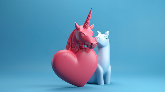 蓝色简约背景下情人节心可爱独角兽和红色爱情符号的现代 3D 渲染