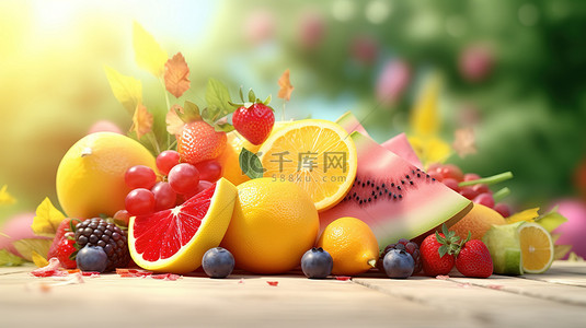 充满活力的夏季水果拼盘，配有西瓜柠檬和橙子，完美夏季款待的 3D 渲染