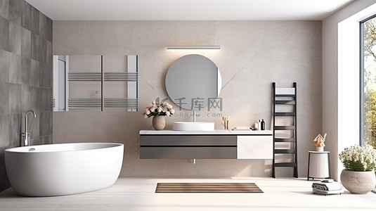 马桶浴室背景图片_时尚的浴室内饰，配有现代马桶盆和 3D 渲染橱柜
