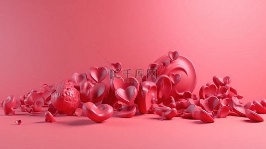 在设计贺卡的粉红色背景上用 3d 红心表达的爱