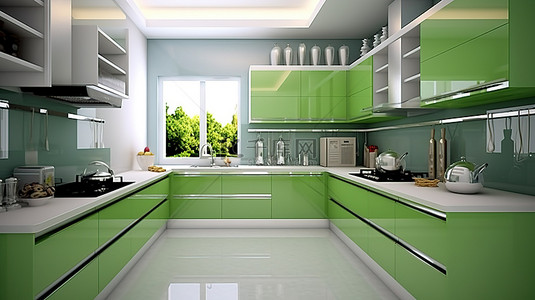 带有绿色和白色口音的现代厨房的 3D 渲染