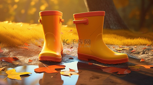 秋季主题 3D 渲染，水坑里有一双卡通橡胶靴