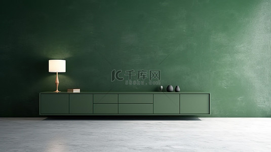 空房间中现代橱柜的 3D 渲染，配有绿色墙壁设计和花岗岩地板