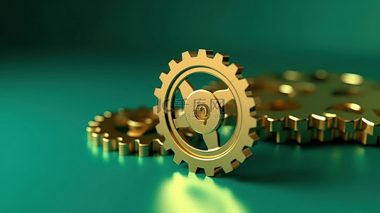 齿轮金色背景图片_以 3D 渲染的齿轮图标，在潮水绿色背景上采用闪亮的金色设计