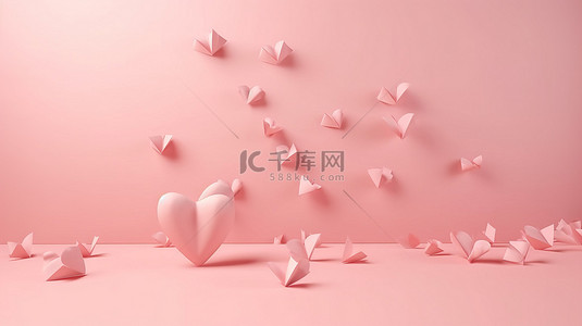 情人节贺卡模板背景图片_一个可爱的爱情横幅或贺卡，带有 3D 渲染的心在柔和的粉红色背景下飙升