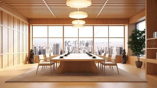 小清背景图片_时尚的日本会议室，在办公室设置 3D 渲染中配有现代会议桌