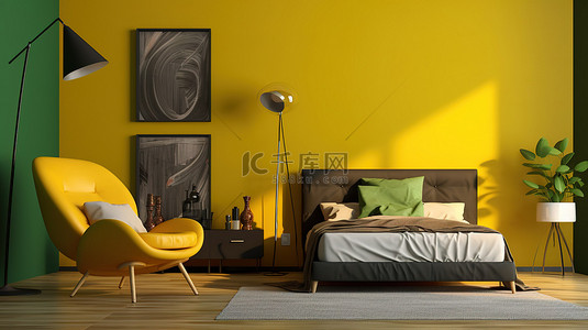 艺术创作背景图片_卧室的 3D 渲染配有绿色床黄色扶手椅和空的深黄色墙壁，非常适合搭配落地灯进行艺术创作