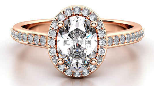 玫瑰金椭圆形钻石光环戒指与密镶镶边宝石的 3D 渲染