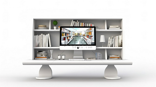 显示书架概念的计算机屏幕的干净白色背景 3D 渲染